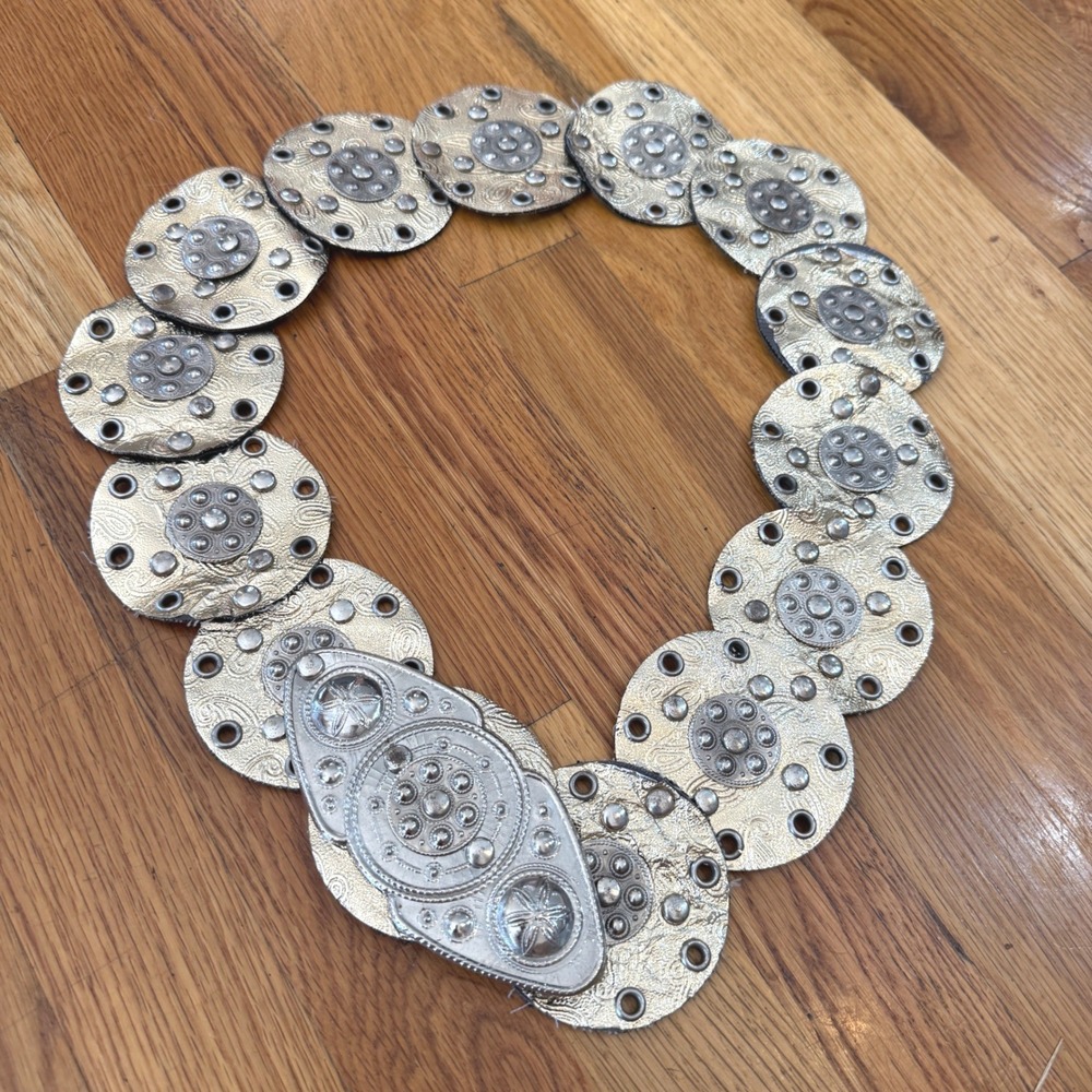 Vintage Gold Embossed Leather Concho Disc Belt Silver Studded Western Boho